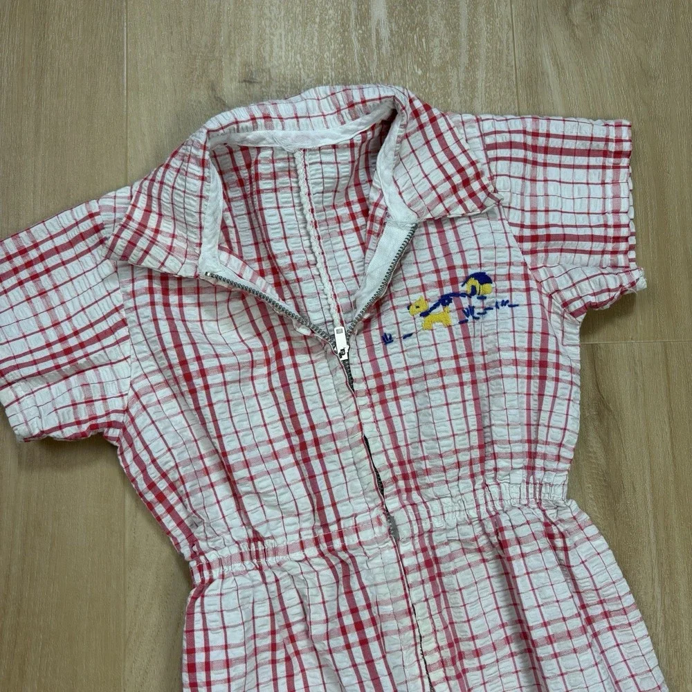 Vintage Baby Romper 12 Month Seersucker Red And White Checkered Zipper 1960s